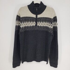 Sundance Fair Isle Quarter Zip Sweater Womens Sz L Lambswool Gray Wool Mock Neck